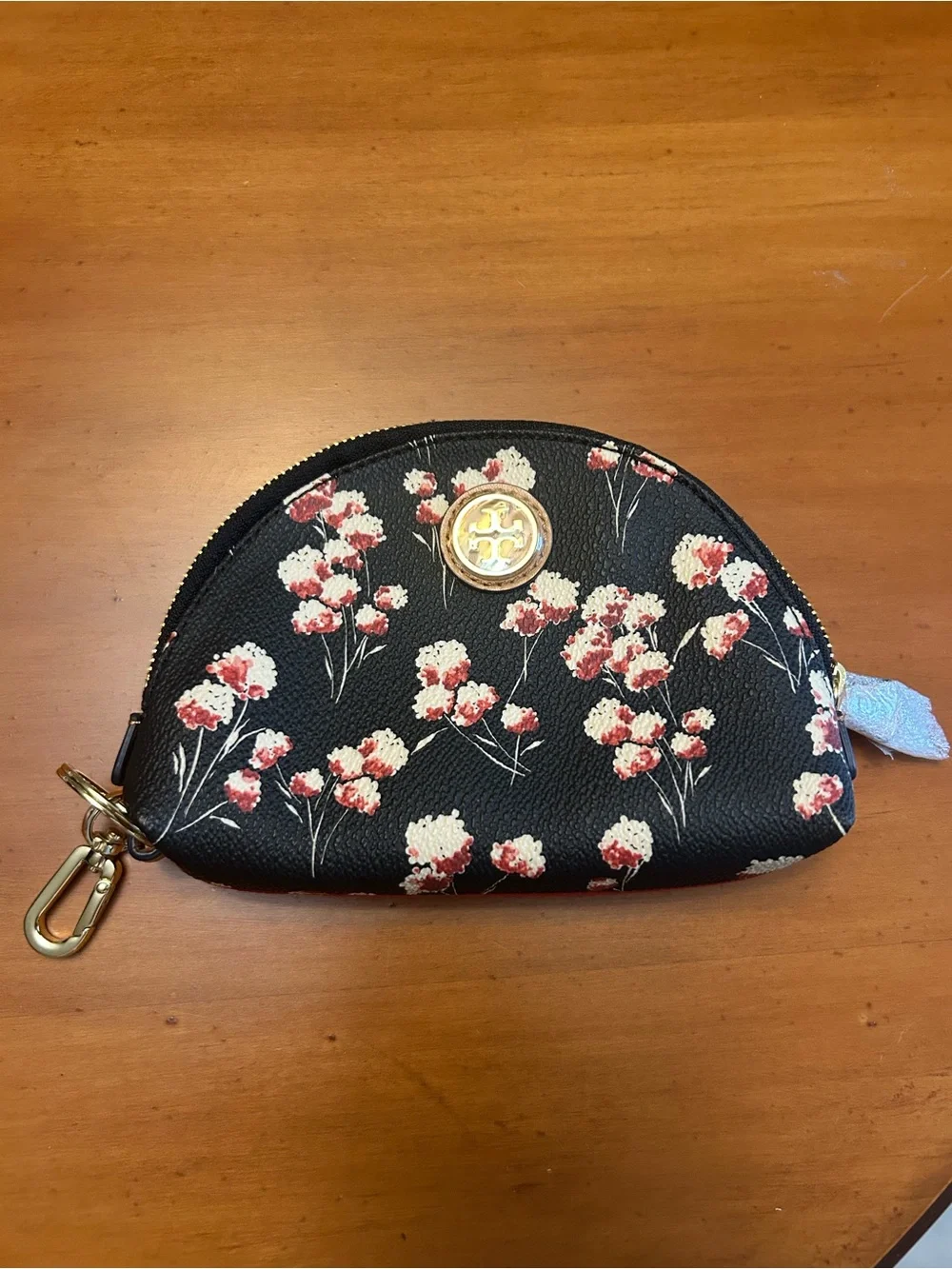 Tory Burch Black Floral Coin Pouch with Gold Logo
